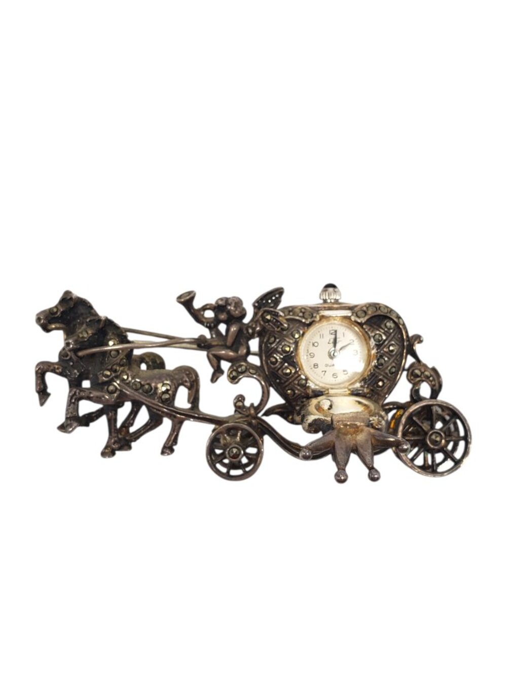 Sterling Silver Marcasite Horse and Carriage Watch Brooch #24855